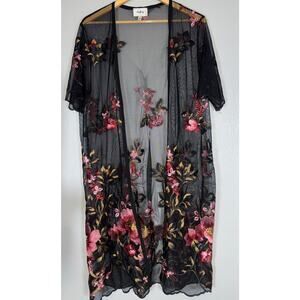 DayTrip Black Lace Embroidered Floral Kimono Duster Womens Medium Boho Witchy